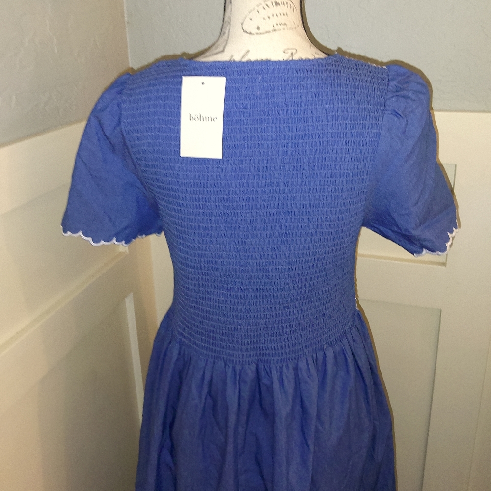NWT Bohme Chambray Smocked Scalloped Sleeves Maxi Dress Sz L - Picture 4 of 5